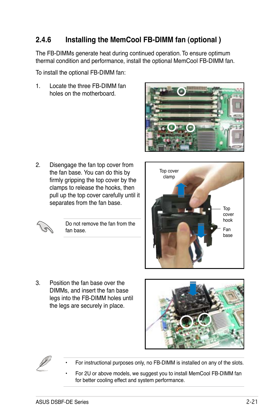 6 installing the memcool fb-dimm fan (optional ) | Asus Motherboard DSBF-DE/SAS User Manual | Page 41 / 206