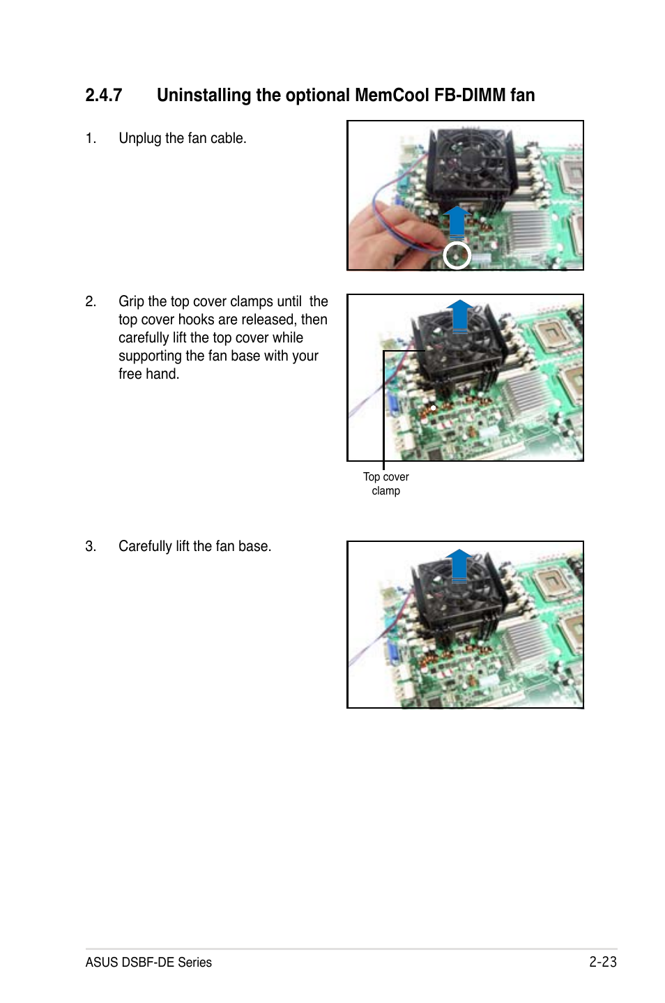 7 uninstalling the optional memcool fb-dimm fan | Asus Motherboard DSBF-DE/SAS User Manual | Page 43 / 206