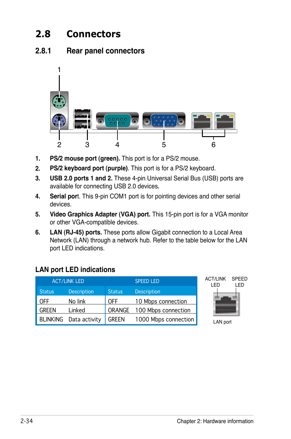 8 connectors, 1 rear panel connectors, Lan port led indications | Asus Motherboard DSBF-DE/SAS User Manual | Page 54 / 206