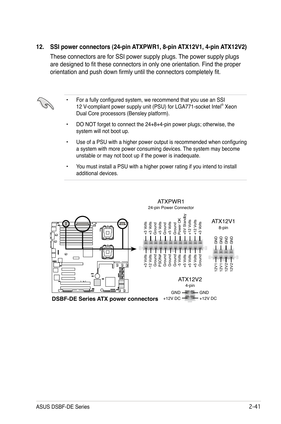 Asus dsbf-de series -1, Dsbf-de series atx power connectors, Atxpwr1 atx12v1 | Atx12v2 | Asus Motherboard DSBF-DE/SAS User Manual | Page 61 / 206