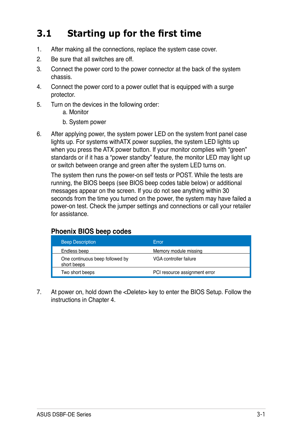 1 starting up for the first time, Phoenix bios beep codes | Asus Motherboard DSBF-DE/SAS User Manual | Page 67 / 206