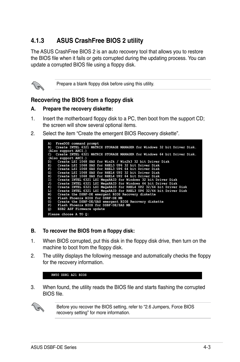 3 asus crashfree bios 2 utility, Recovering the bios from a floppy disk | Asus Motherboard DSBF-DE/SAS User Manual | Page 73 / 206