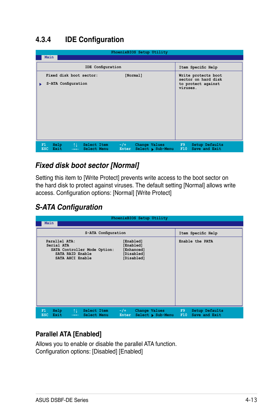 4 ide configuration, Fixed disk boot sector [normal, S-ata configuration | Parallel ata [enabled, Asus dsbf-de series -1 | Asus Motherboard DSBF-DE/SAS User Manual | Page 83 / 206