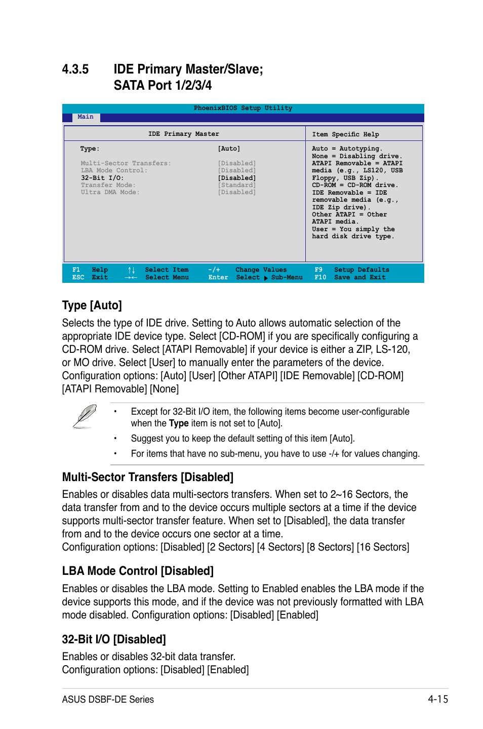 Type [auto, Multi-sector transfers [disabled, Lba mode control [disabled | Bit i/o [disabled | Asus Motherboard DSBF-DE/SAS User Manual | Page 85 / 206