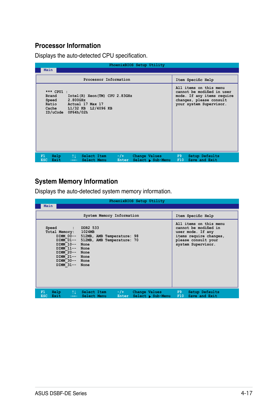 Processor information, Displays the auto-detected cpu specification, Asus dsbf-de series -1 | Asus Motherboard DSBF-DE/SAS User Manual | Page 87 / 206