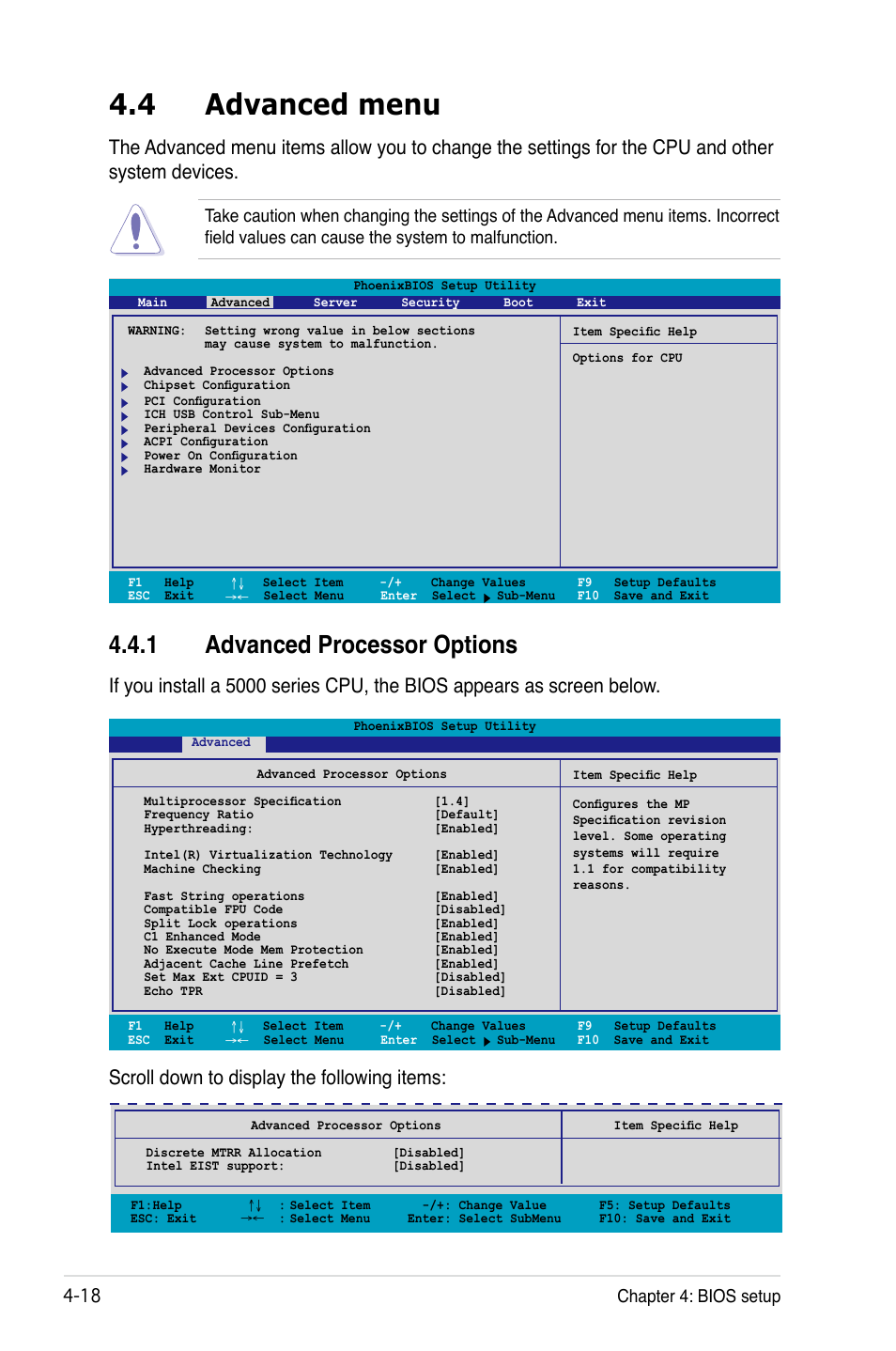 4 advanced menu, 1 advanced processor options, Scroll down to display the following items | 1 chapter 4: bios setup | Asus Motherboard DSBF-DE/SAS User Manual | Page 88 / 206