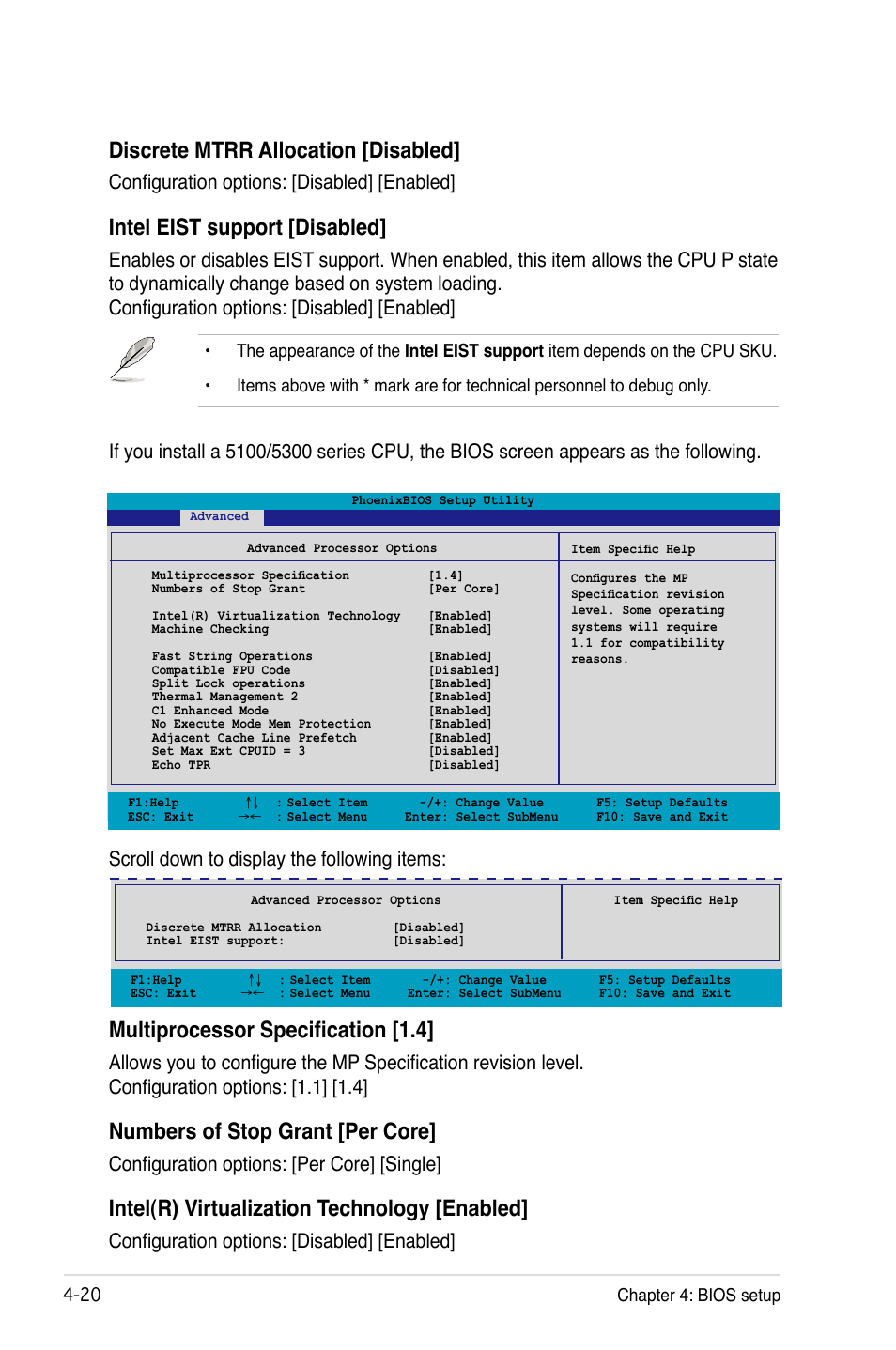 Discrete mtrr allocation [disabled, Intel eist support [disabled, Multiprocessor specification [1.4 | Numbers of stop grant [per core, Intel(r) virtualization technology [enabled, Configuration options: [disabled] [enabled, Configuration options: [per core] [single | Asus Motherboard DSBF-DE/SAS User Manual | Page 90 / 206