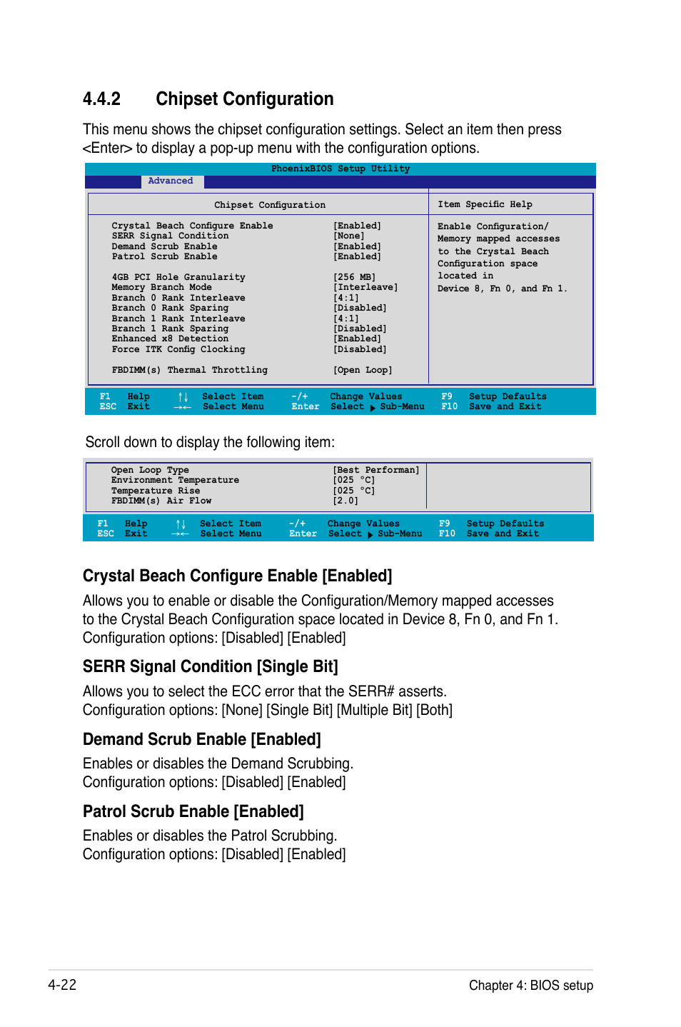 2 chipset configuration, Crystal beach configure enable [enabled, Serr signal condition [single bit | Demand scrub enable [enabled, Patrol scrub enable [enabled, Scroll down to display the following item, Chapter 4: bios setup | Asus Motherboard DSBF-DE/SAS User Manual | Page 92 / 206