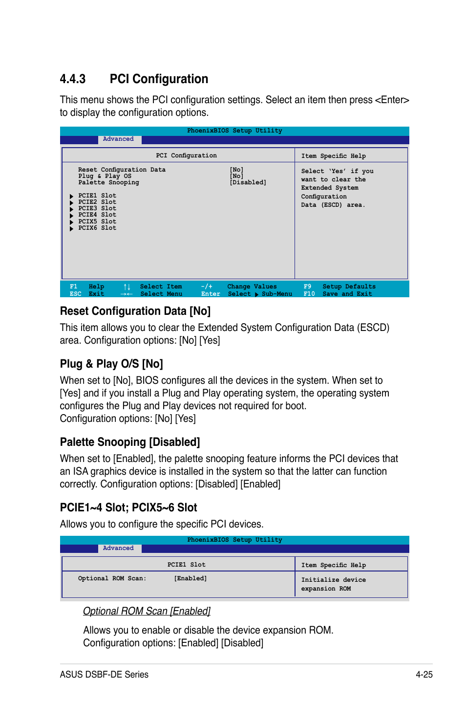 3 pci configuration, Reset configuration data [no, Plug & play o/s [no | Palette snooping [disabled, Pcie1~4 slot; pcix5~6 slot, Allows you to configure the specific pci devices | Asus Motherboard DSBF-DE/SAS User Manual | Page 95 / 206