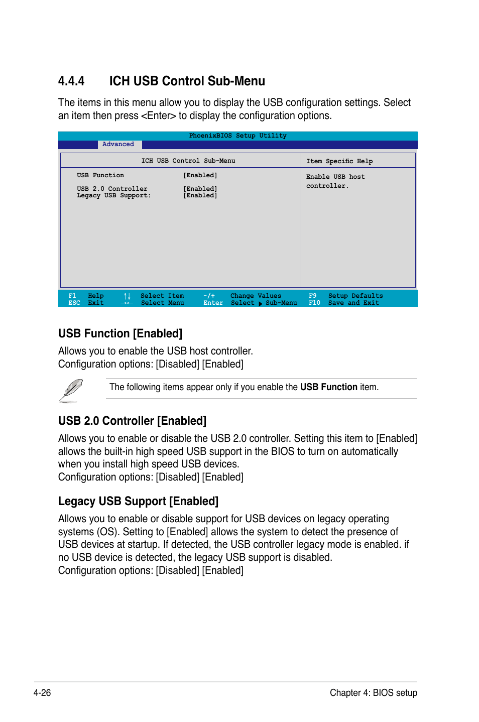 4 ich usb control sub-menu, Usb function [enabled, Usb 2.0 controller [enabled | Legacy usb support [enabled | Asus Motherboard DSBF-DE/SAS User Manual | Page 96 / 206