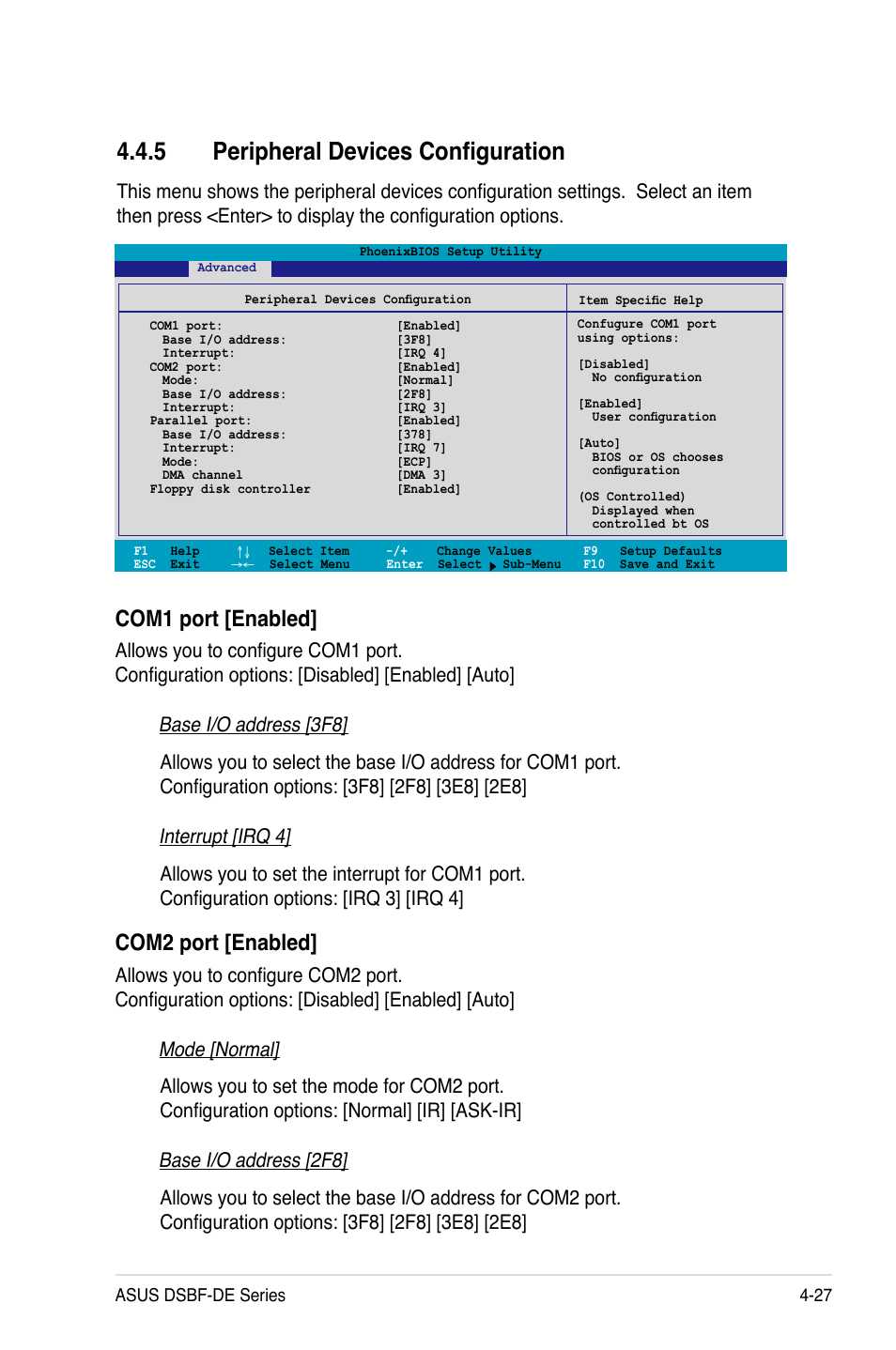 5 peripheral devices configuration, Com1 port [enabled, Com2 port [enabled | Asus Motherboard DSBF-DE/SAS User Manual | Page 97 / 206