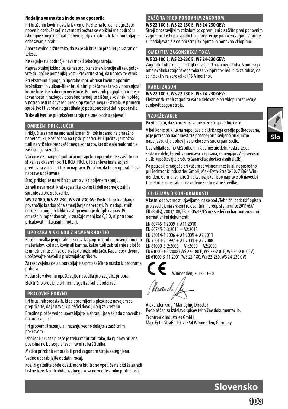 Deutsch, Slovensko | AEG WS 24-230 User Manual | Page 105 / 154