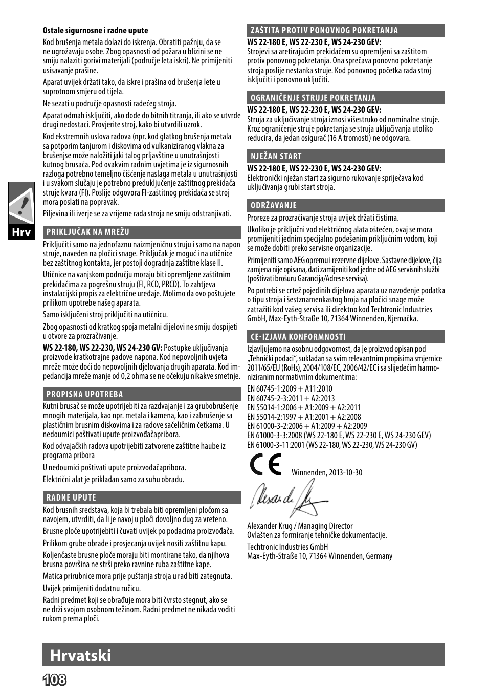 Deutsch, Hrvatski | AEG WS 24-230 User Manual | Page 110 / 154