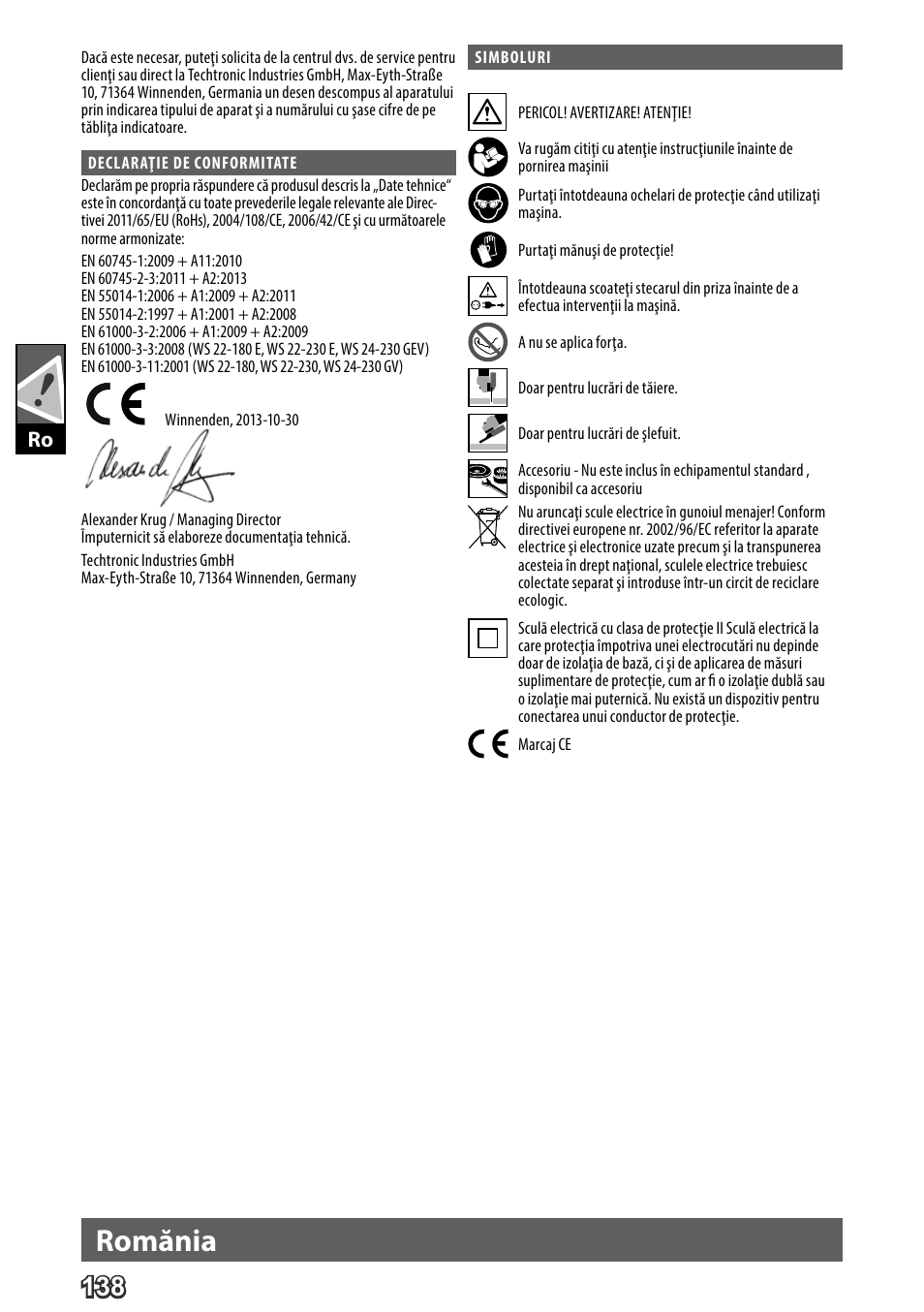 Deutsch, Romănia | AEG WS 24-230 User Manual | Page 140 / 154