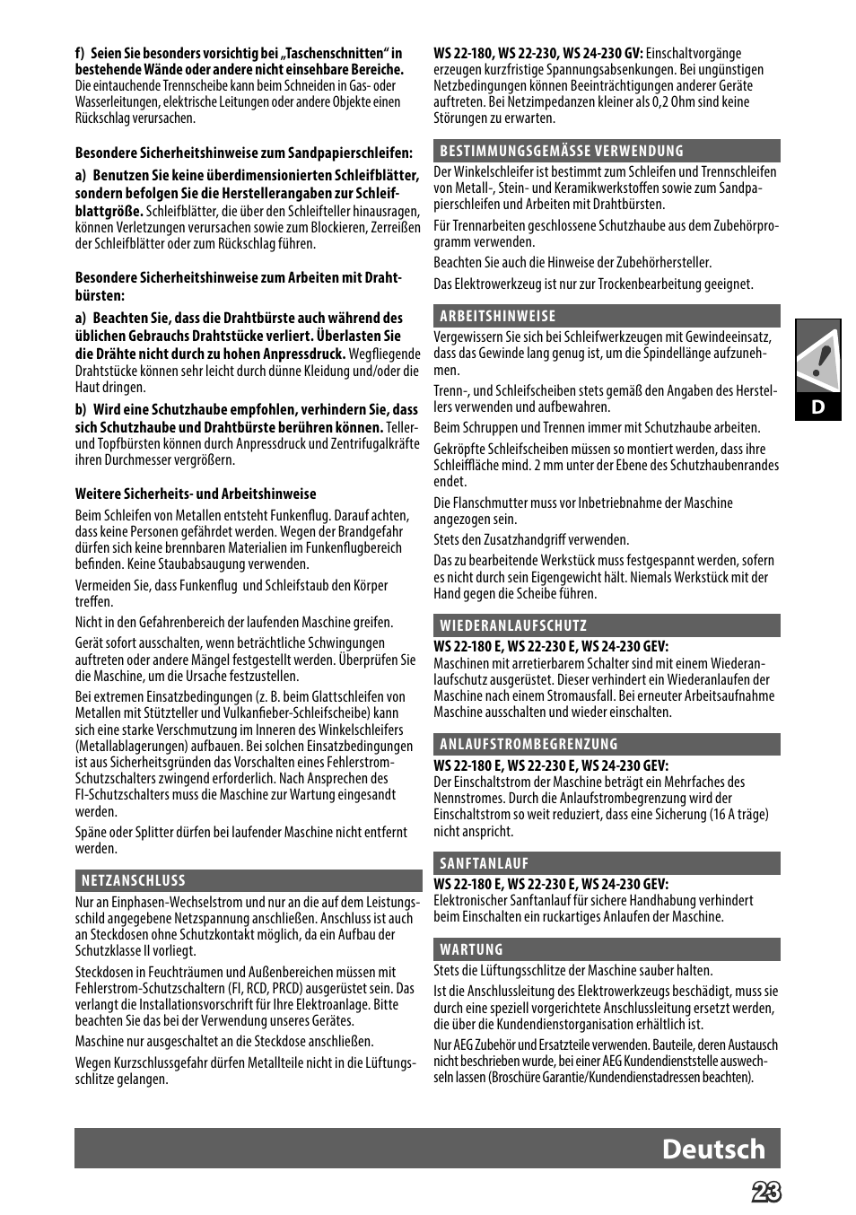 Deutsch | AEG WS 24-230 User Manual | Page 25 / 154