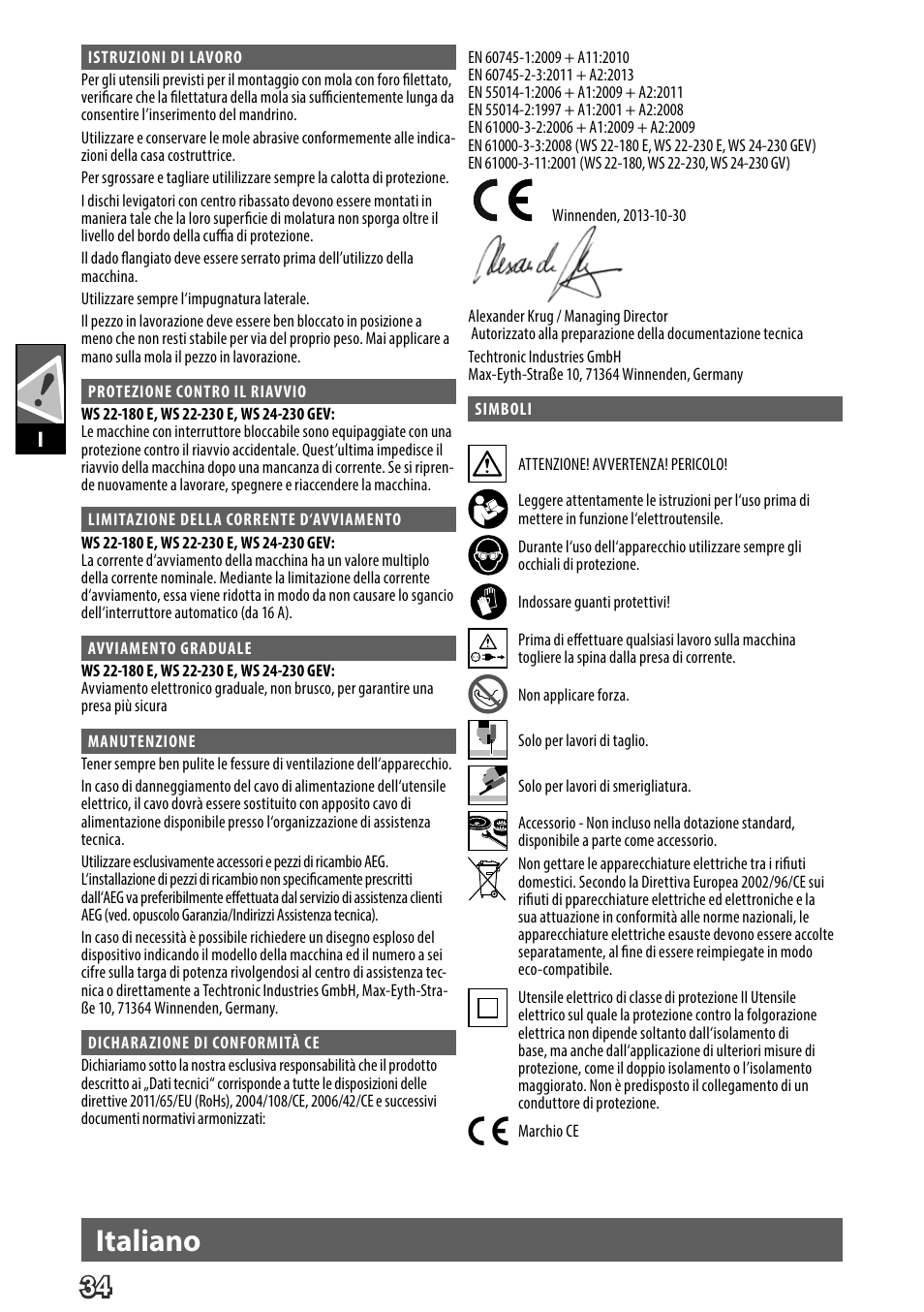 Deutsch, Italiano | AEG WS 24-230 User Manual | Page 36 / 154