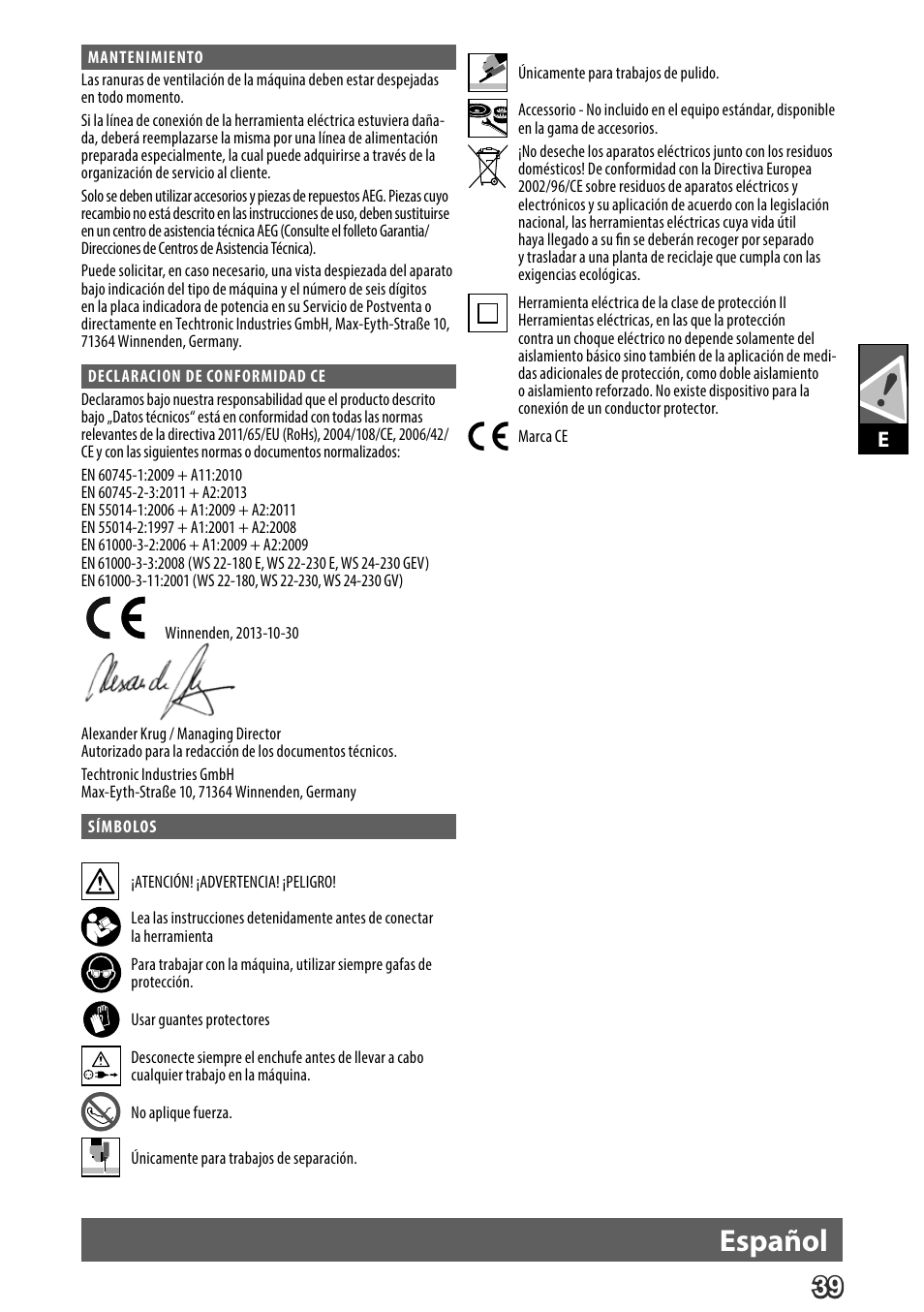 Deutsch, Español | AEG WS 24-230 User Manual | Page 41 / 154