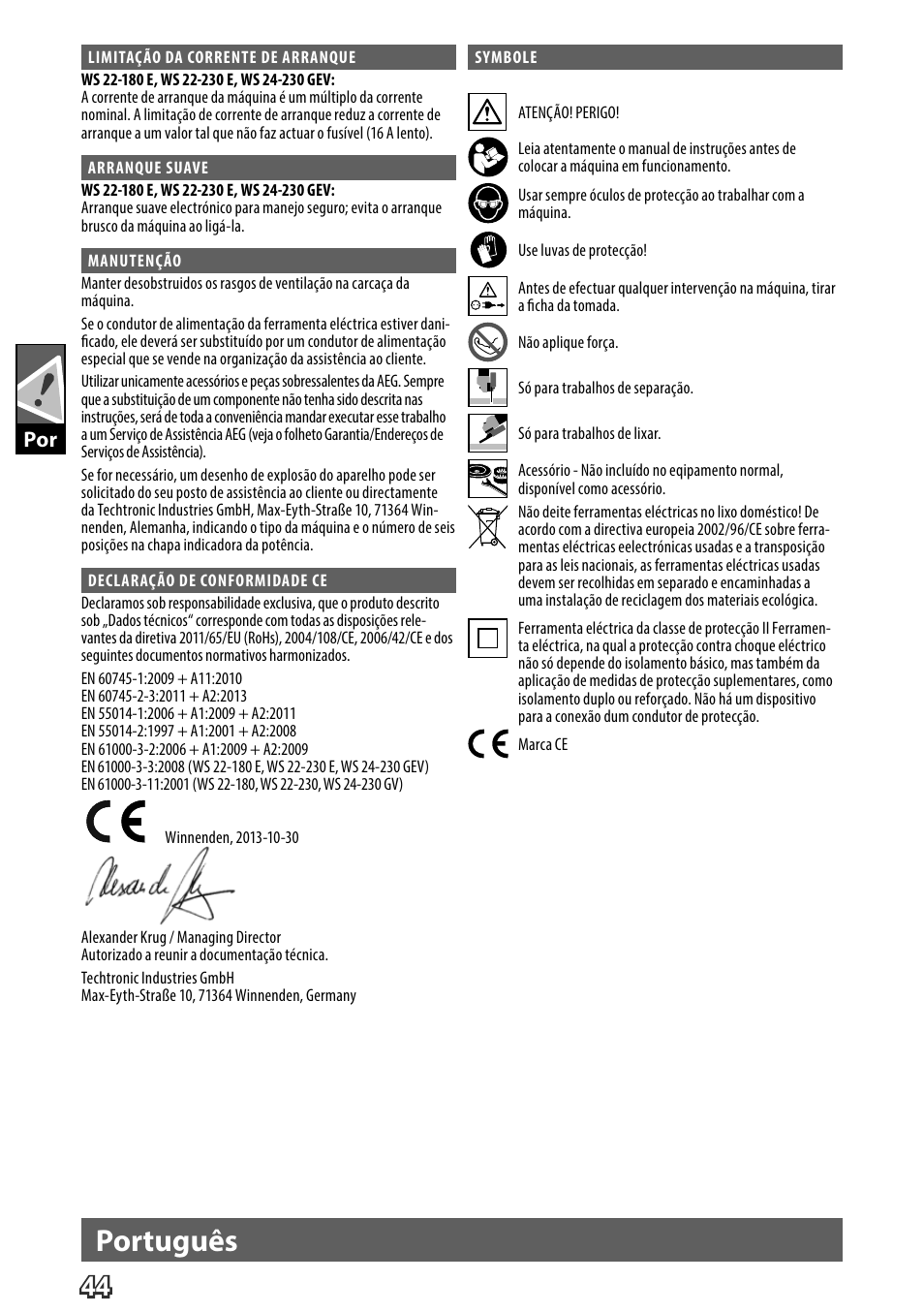 Deutsch, Português | AEG WS 24-230 User Manual | Page 46 / 154