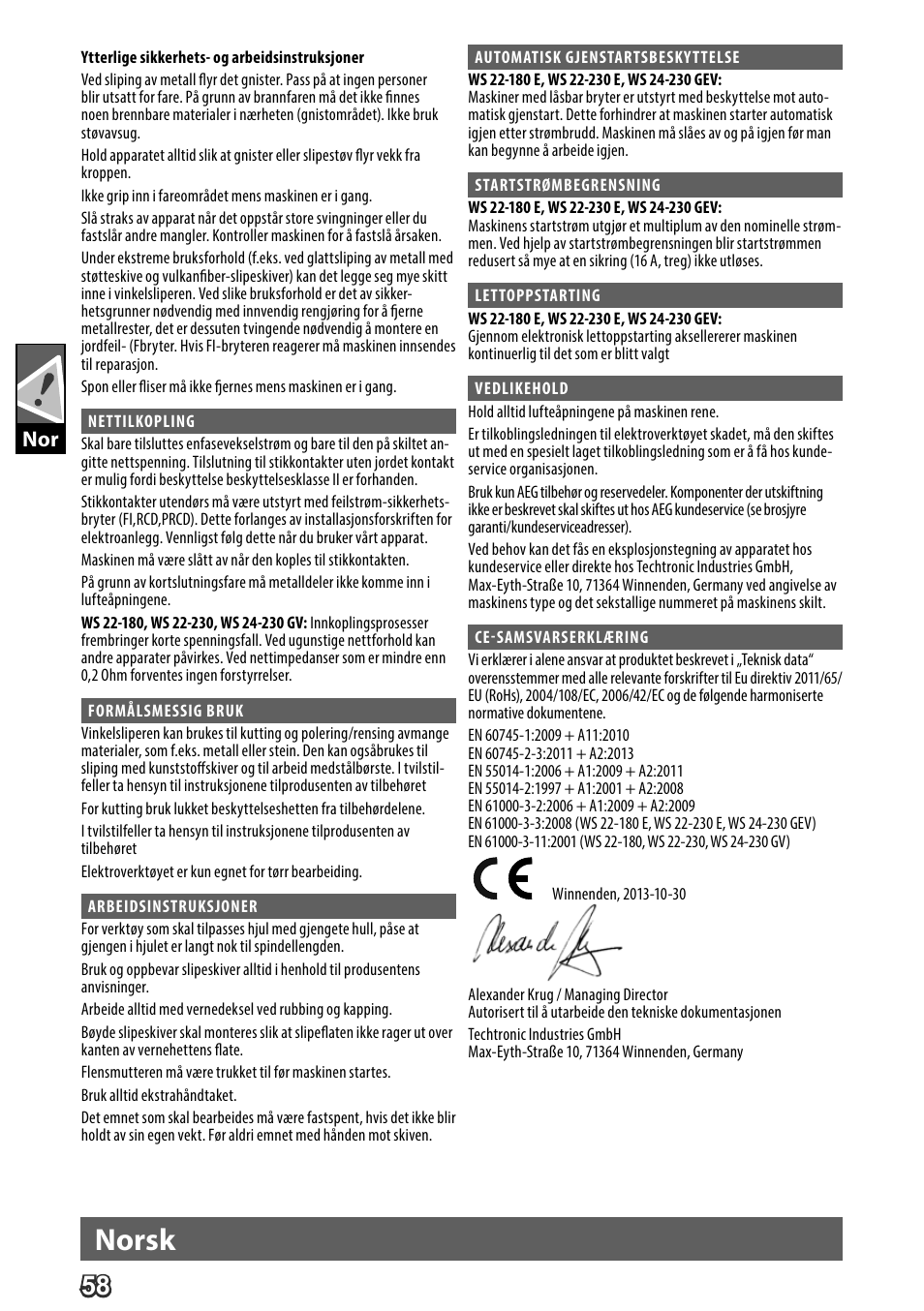 Deutsch, Norsk | AEG WS 24-230 User Manual | Page 60 / 154