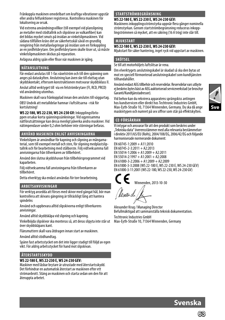 Deutsch, Svenska | AEG WS 24-230 User Manual | Page 65 / 154