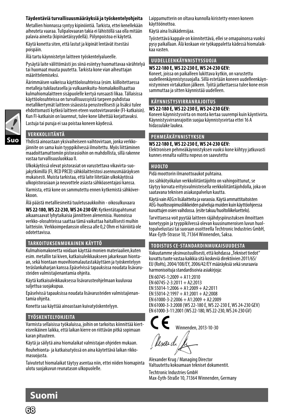 Deutsch, Suomi | AEG WS 24-230 User Manual | Page 70 / 154