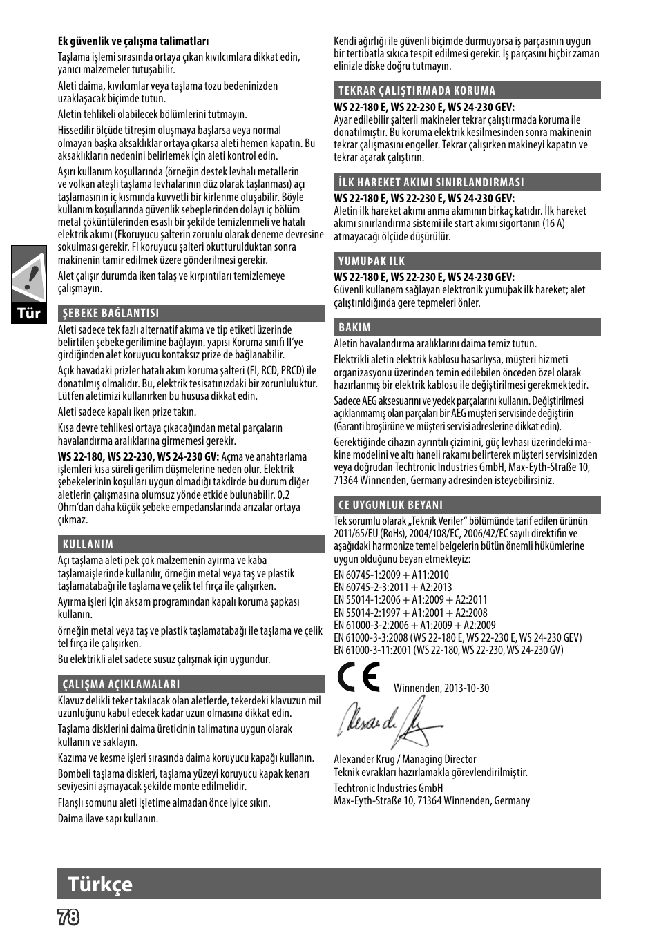 Deutsch, Türkçe | AEG WS 24-230 User Manual | Page 80 / 154