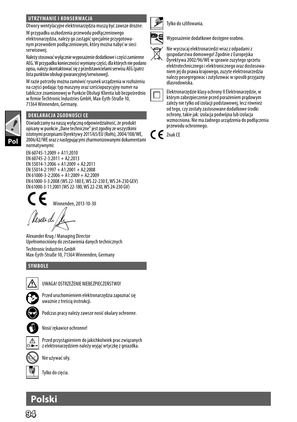 Deutsch, Polski | AEG WS 24-230 User Manual | Page 96 / 154