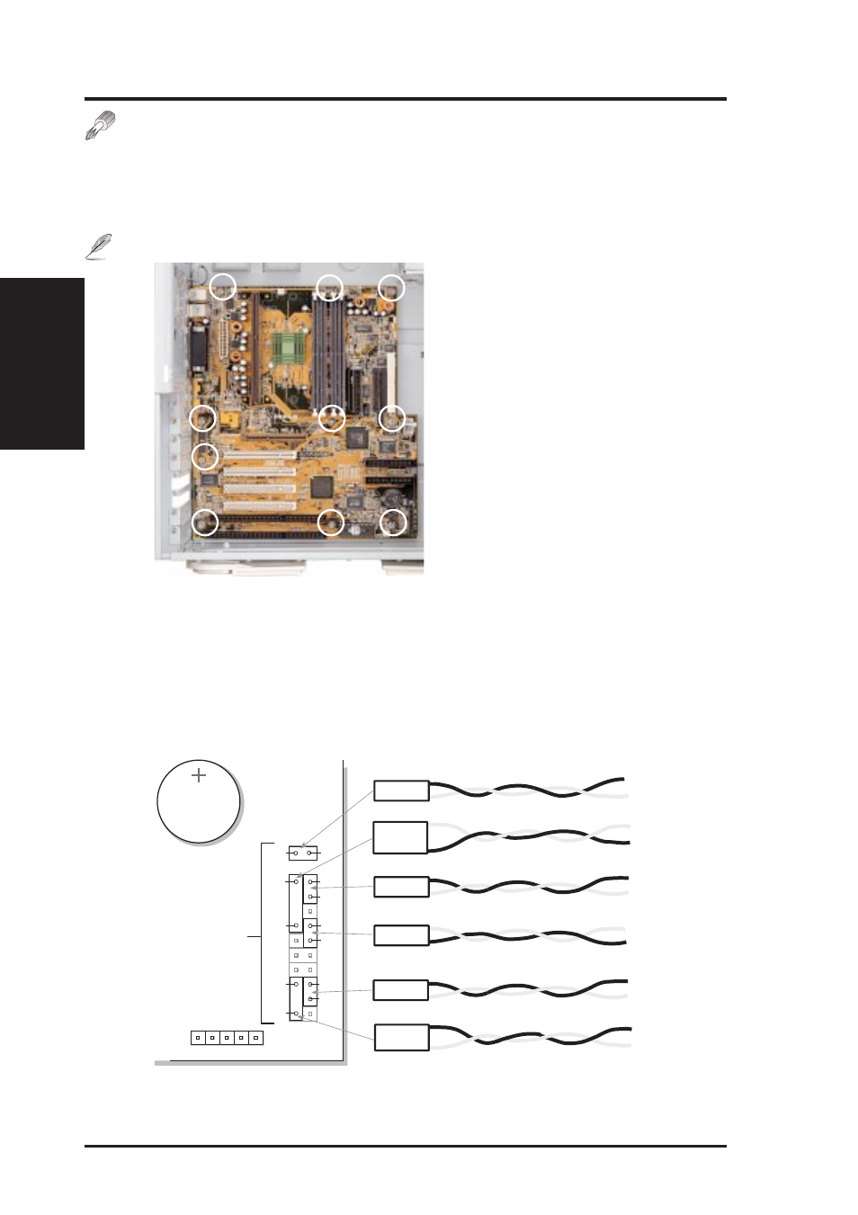 Ii. system components, Motherboard mounting, Panel connections | Ii. components motherboard / panel, Motherboard screw locations, Motherboard panel connector | Asus AP100 User Manual | Page 16 / 32