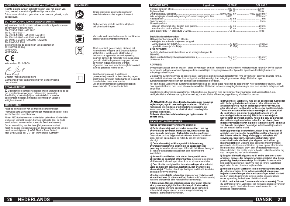 Nederlands, Dansk | AEG GSL 600 E User Manual | Page 14 / 47