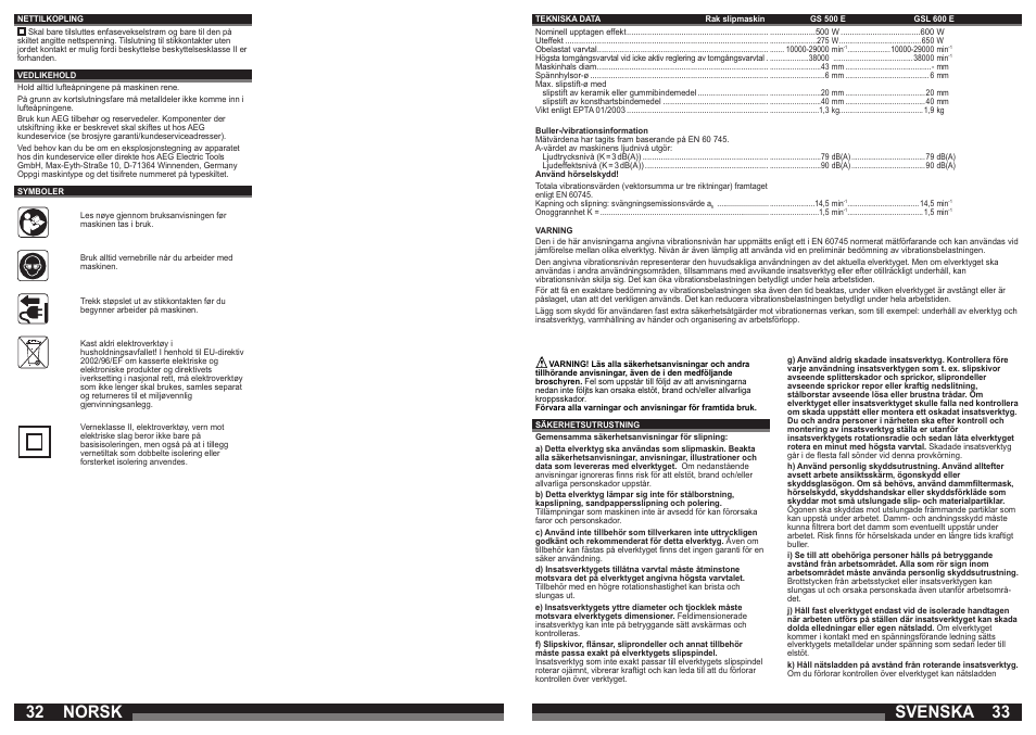 Norsk, Svenska | AEG GSL 600 E User Manual | Page 17 / 47