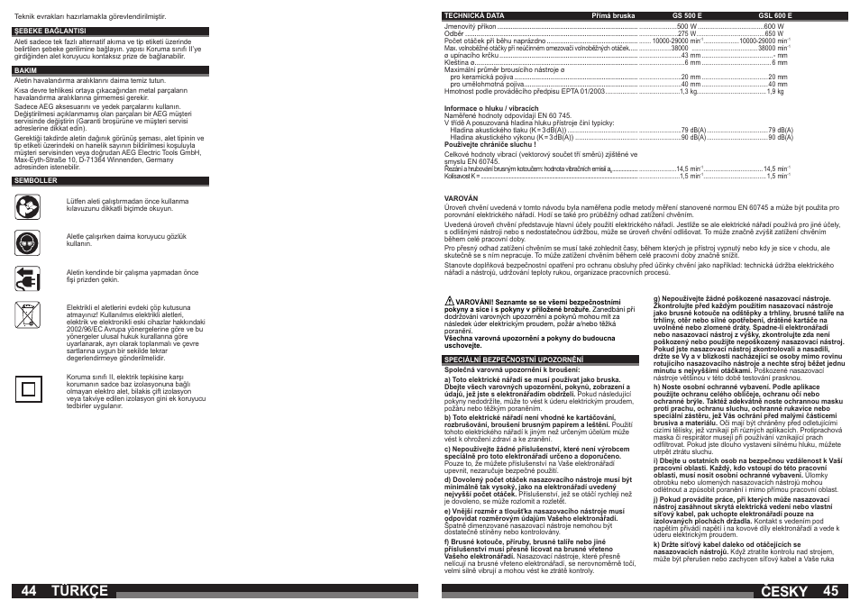 Türkçe, Česky | AEG GSL 600 E User Manual | Page 23 / 47