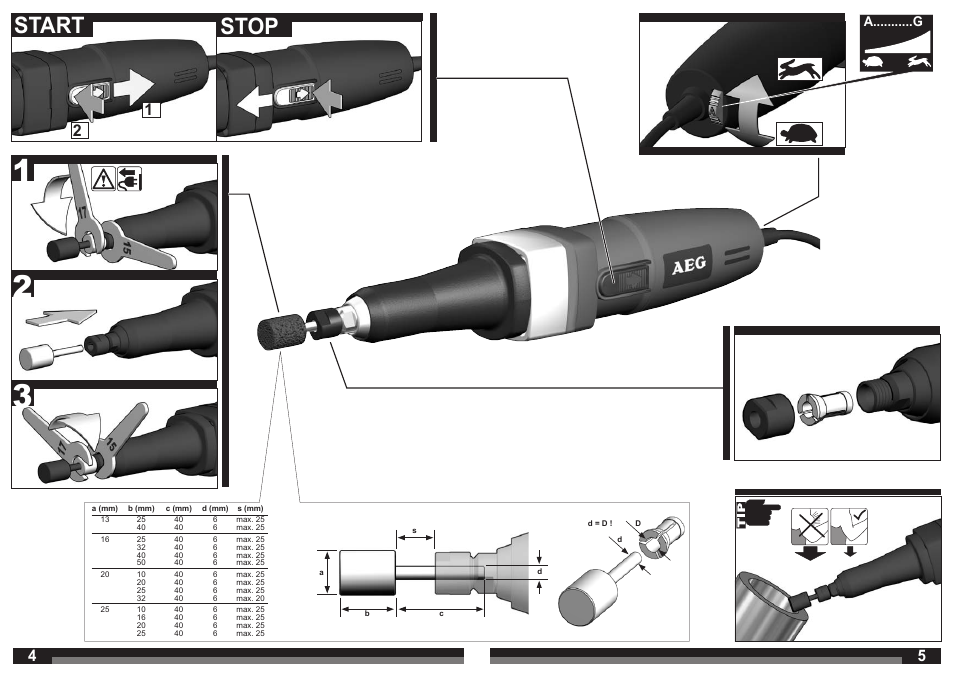 Start stop, A...........g | AEG GSL 600 E User Manual | Page 3 / 47