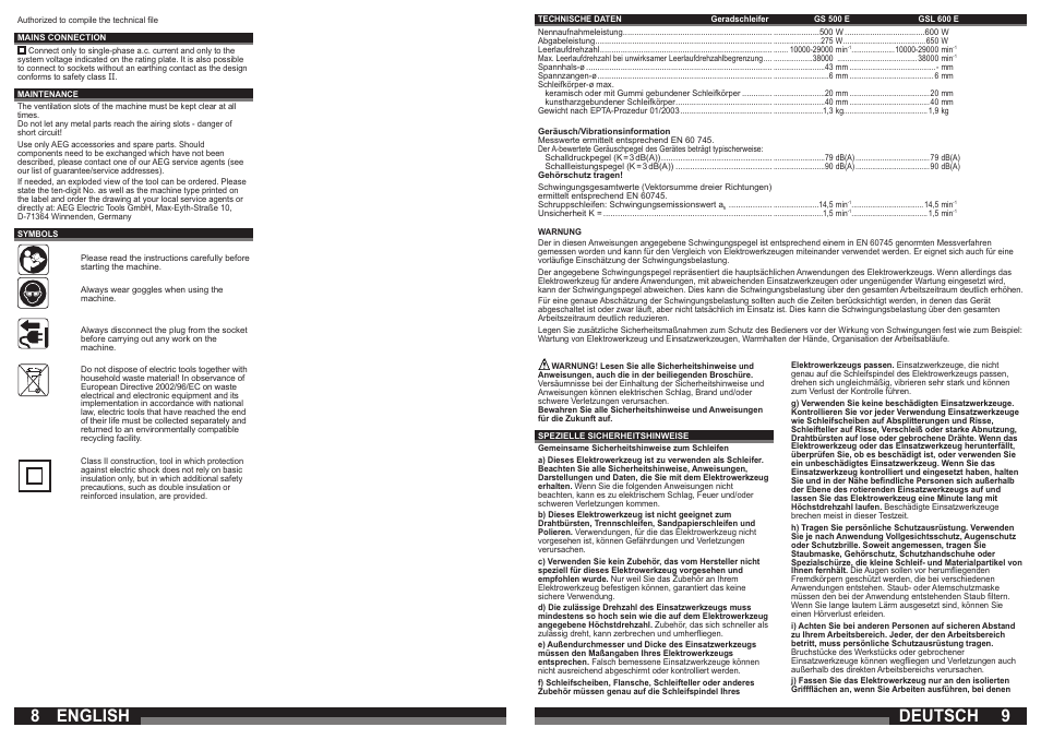 English, Deutsch | AEG GSL 600 E User Manual | Page 5 / 47