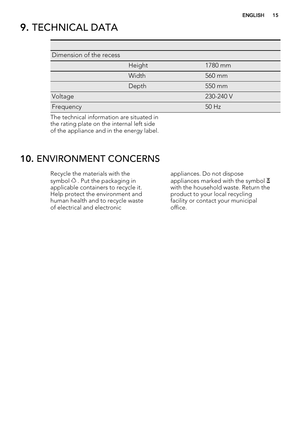 Technical data, Environment concerns | AEG SKD71800S1 User Manual | Page 15 / 48