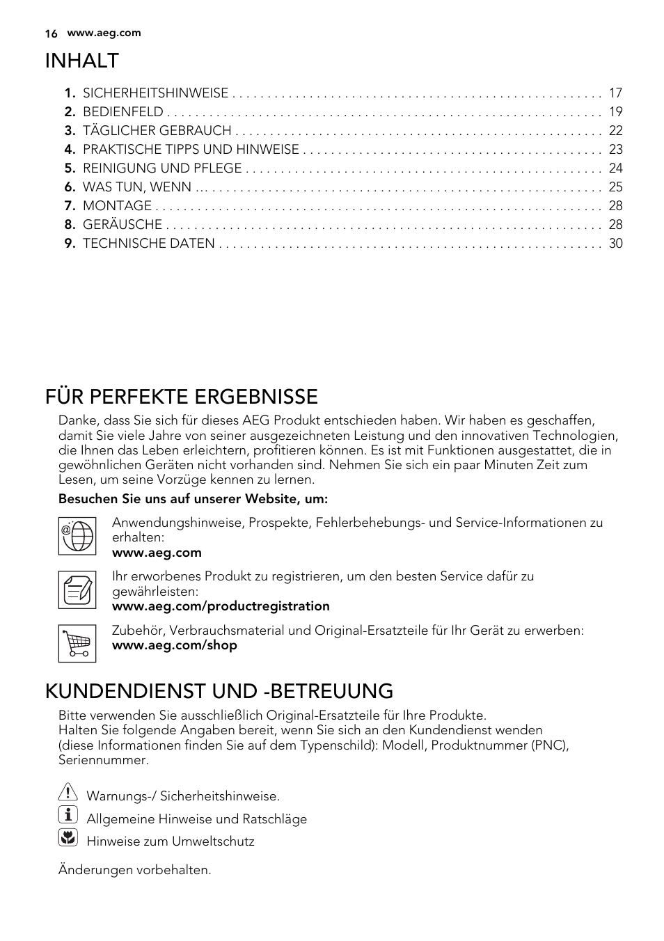 Inhalt, Für perfekte ergebnisse, Kundendienst und -betreuung | AEG SKD71800S1 User Manual | Page 16 / 48