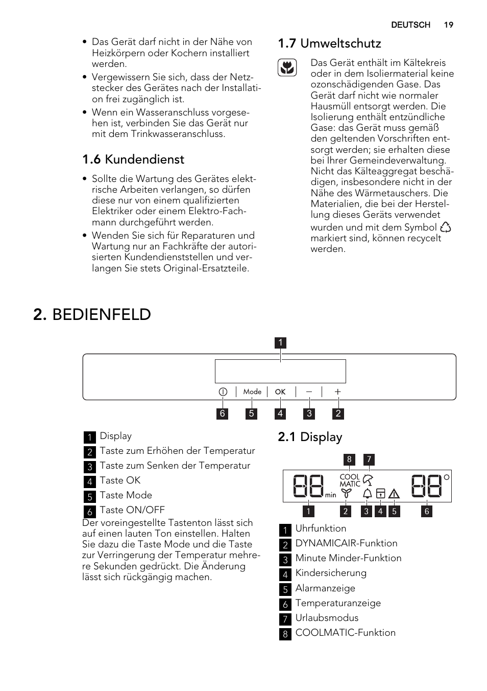 Bedienfeld, 6 kundendienst, 7 umweltschutz | 1 display | AEG SKD71800S1 User Manual | Page 19 / 48