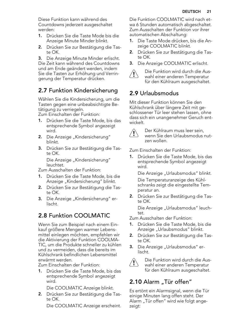 7 funktion kindersicherung, 8 funktion coolmatic, 9 urlaubsmodus | 10 alarm „tür offen | AEG SKD71800S1 User Manual | Page 21 / 48