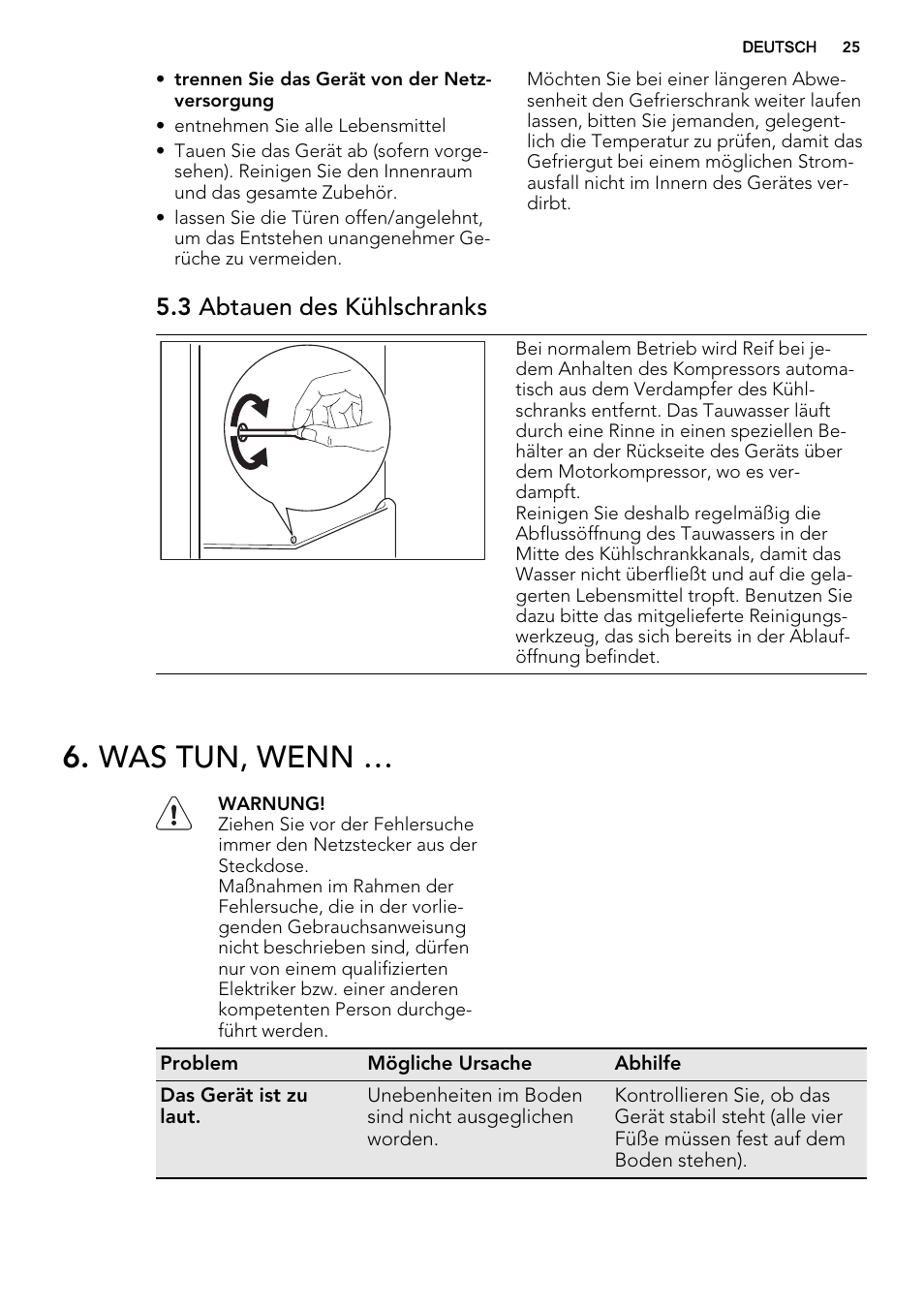 Was tun, wenn, 3 abtauen des kühlschranks | AEG SKD71800S1 User Manual | Page 25 / 48