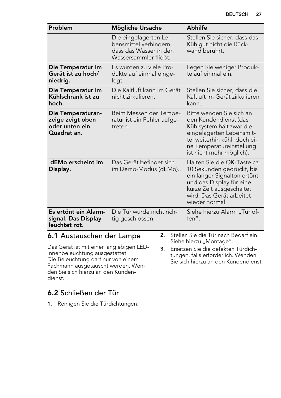 1 austauschen der lampe, 2 schließen der tür | AEG SKD71800S1 User Manual | Page 27 / 48