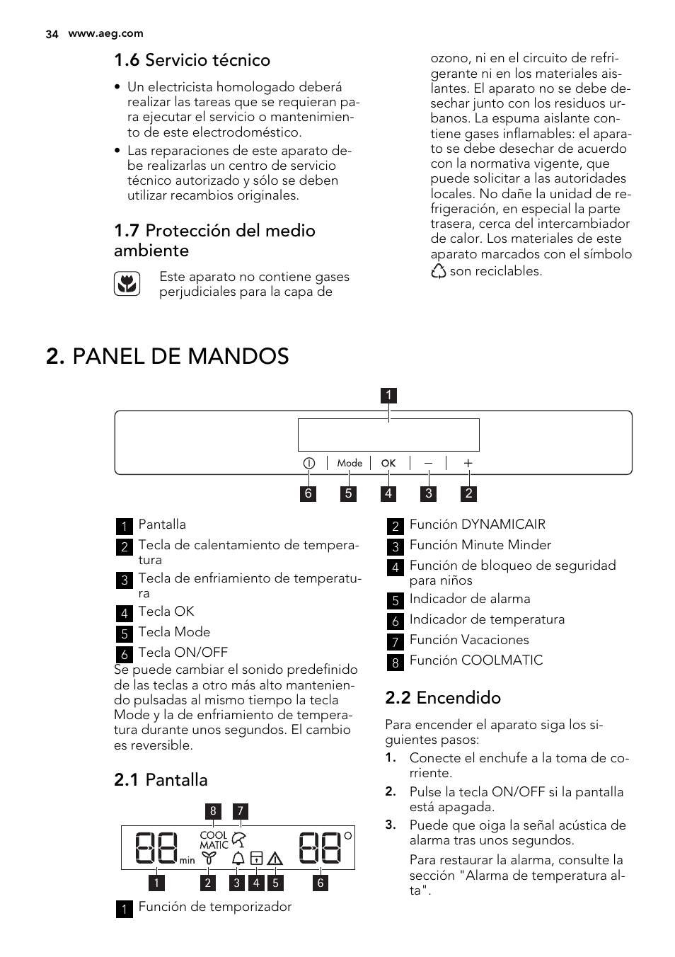 Panel de mandos, 6 servicio técnico, 7 protección del medio ambiente | 1 pantalla, 2 encendido | AEG SKD71800S1 User Manual | Page 34 / 48