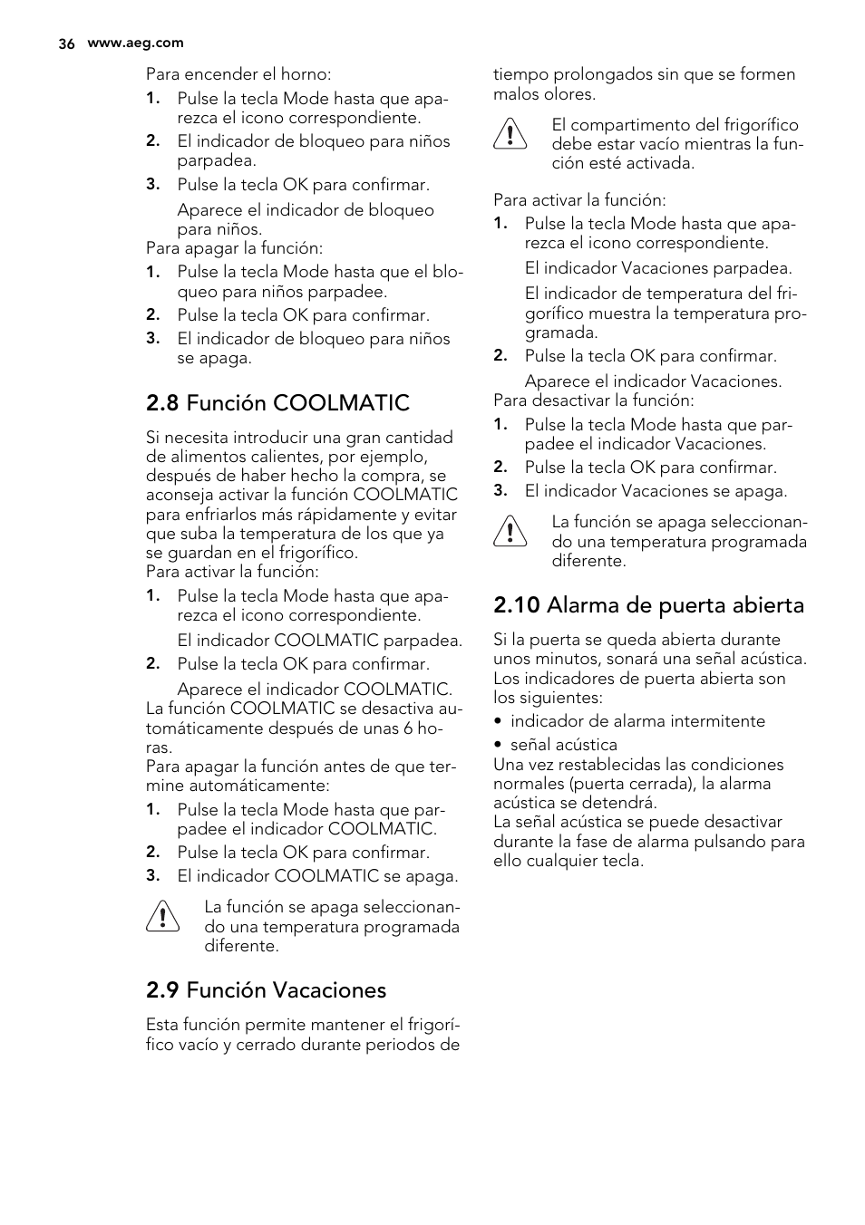 8 función coolmatic, 9 función vacaciones, 10 alarma de puerta abierta | AEG SKD71800S1 User Manual | Page 36 / 48