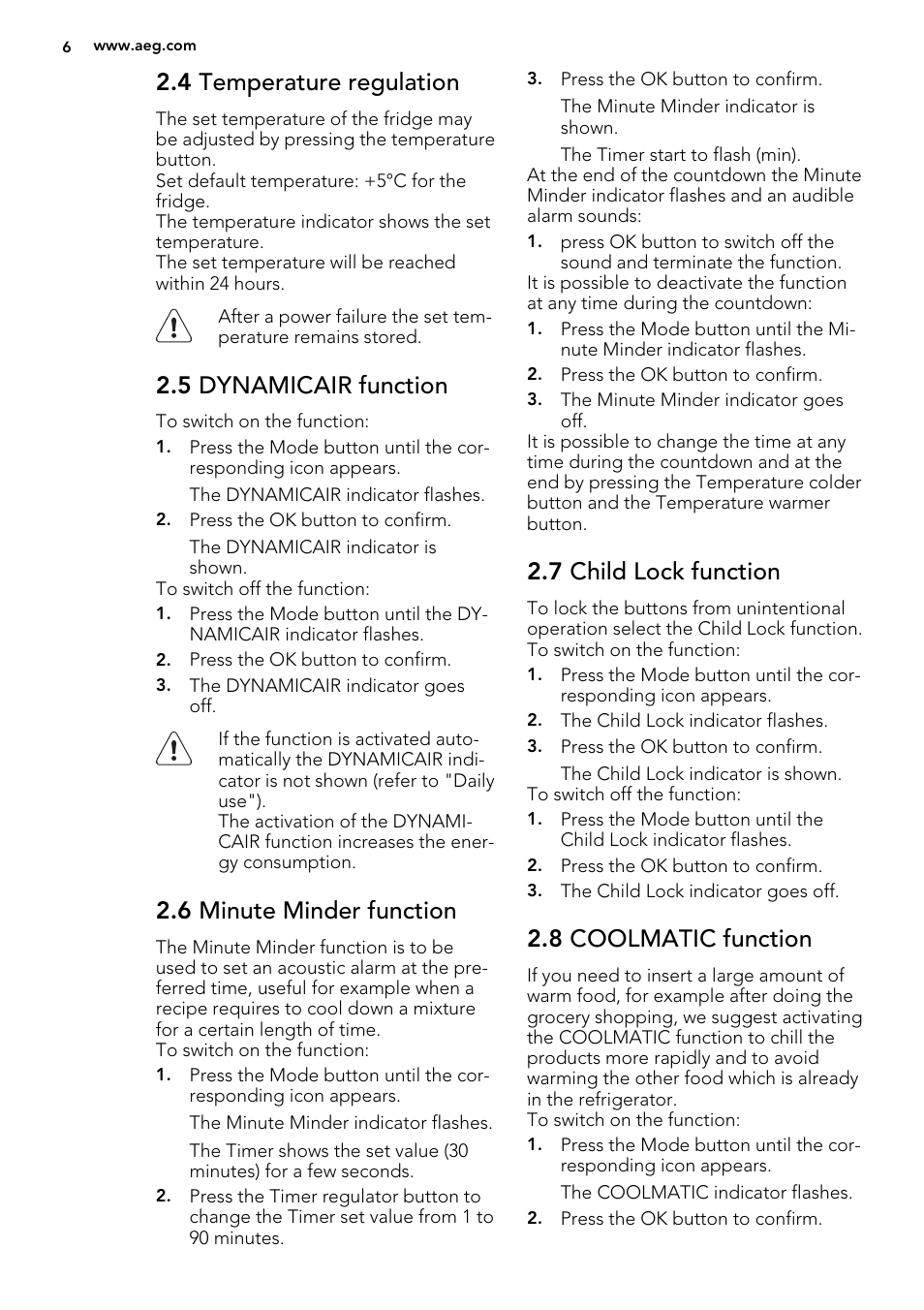 4 temperature regulation, 5 dynamicair function, 6 minute minder function | 7 child lock function, 8 coolmatic function | AEG SKD71800S1 User Manual | Page 6 / 48