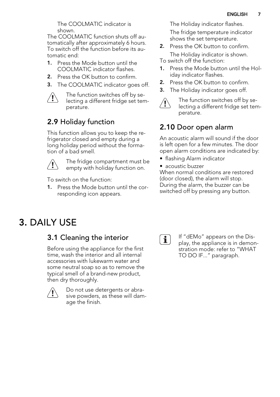 Daily use, 9 holiday function, 10 door open alarm | 1 cleaning the interior | AEG SKD71800S1 User Manual | Page 7 / 48