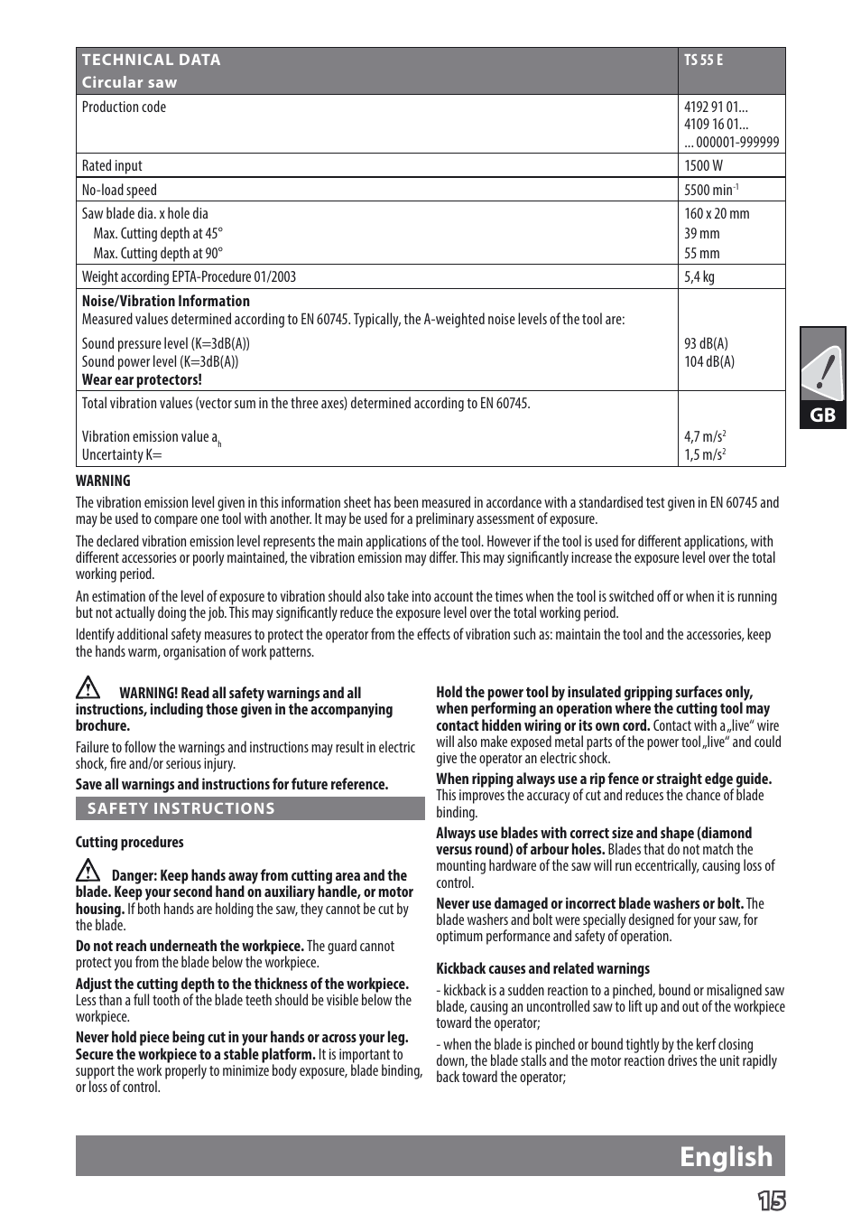 English | AEG TS 55 E User Manual | Page 18 / 99