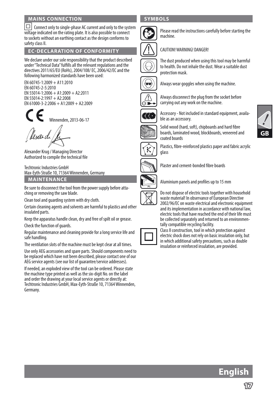 English | AEG TS 55 E User Manual | Page 20 / 99