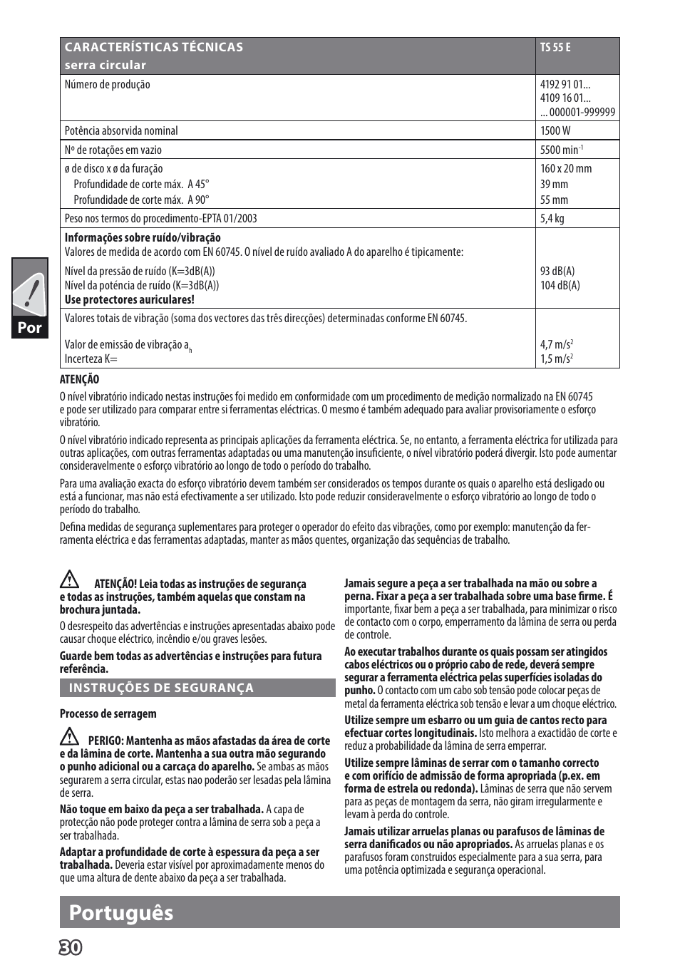 Português | AEG TS 55 E User Manual | Page 33 / 99