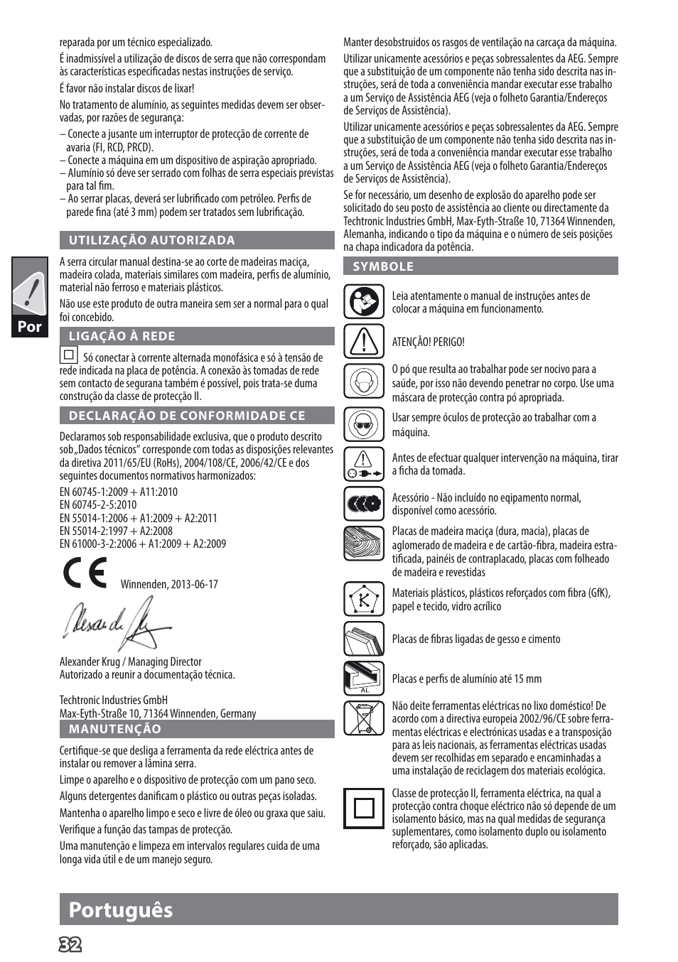 Português | AEG TS 55 E User Manual | Page 35 / 99