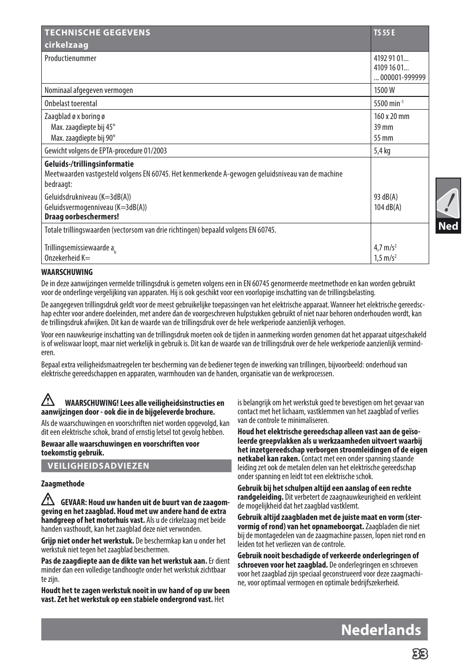 Nederlands | AEG TS 55 E User Manual | Page 36 / 99