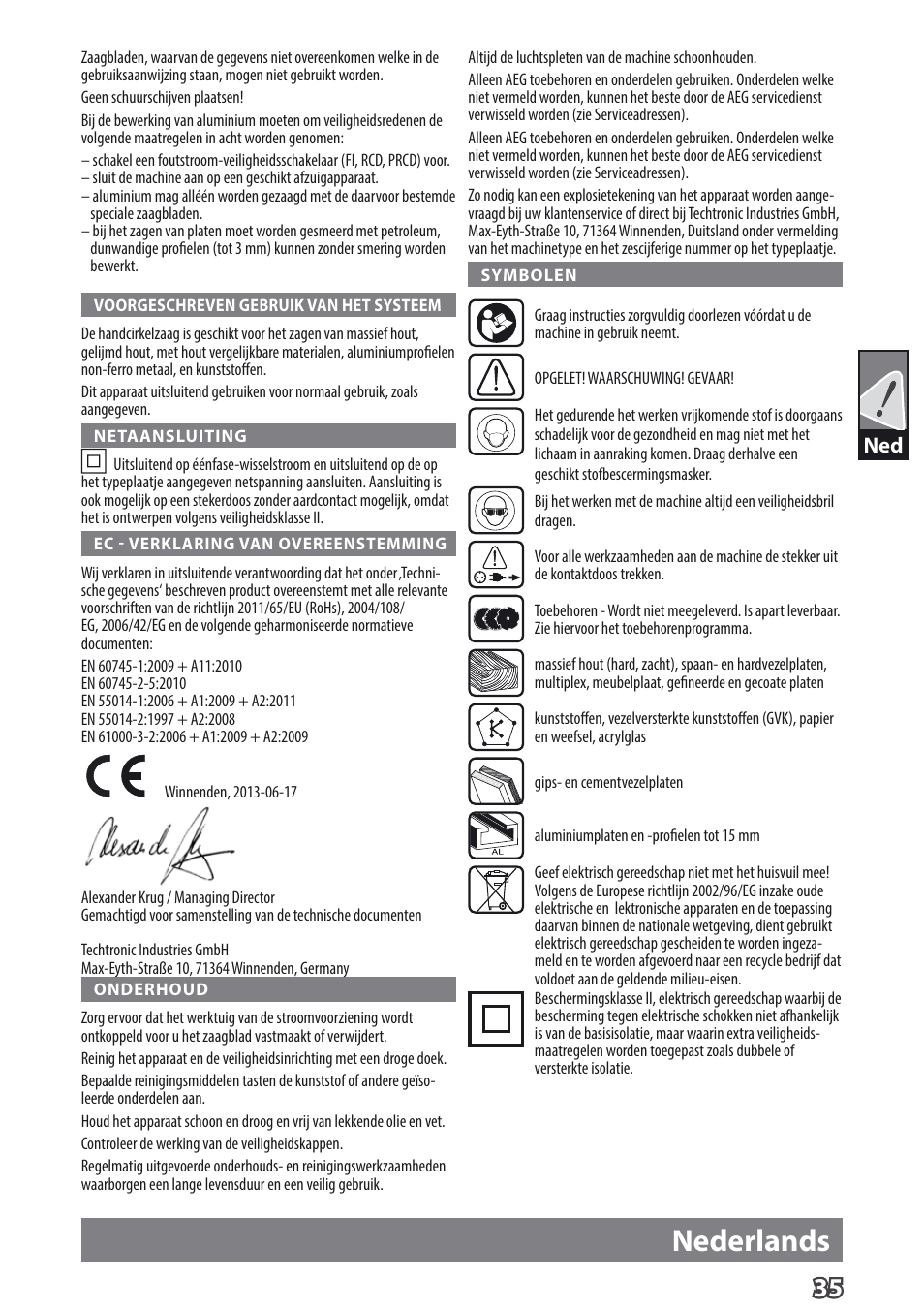 Nederlands | AEG TS 55 E User Manual | Page 38 / 99