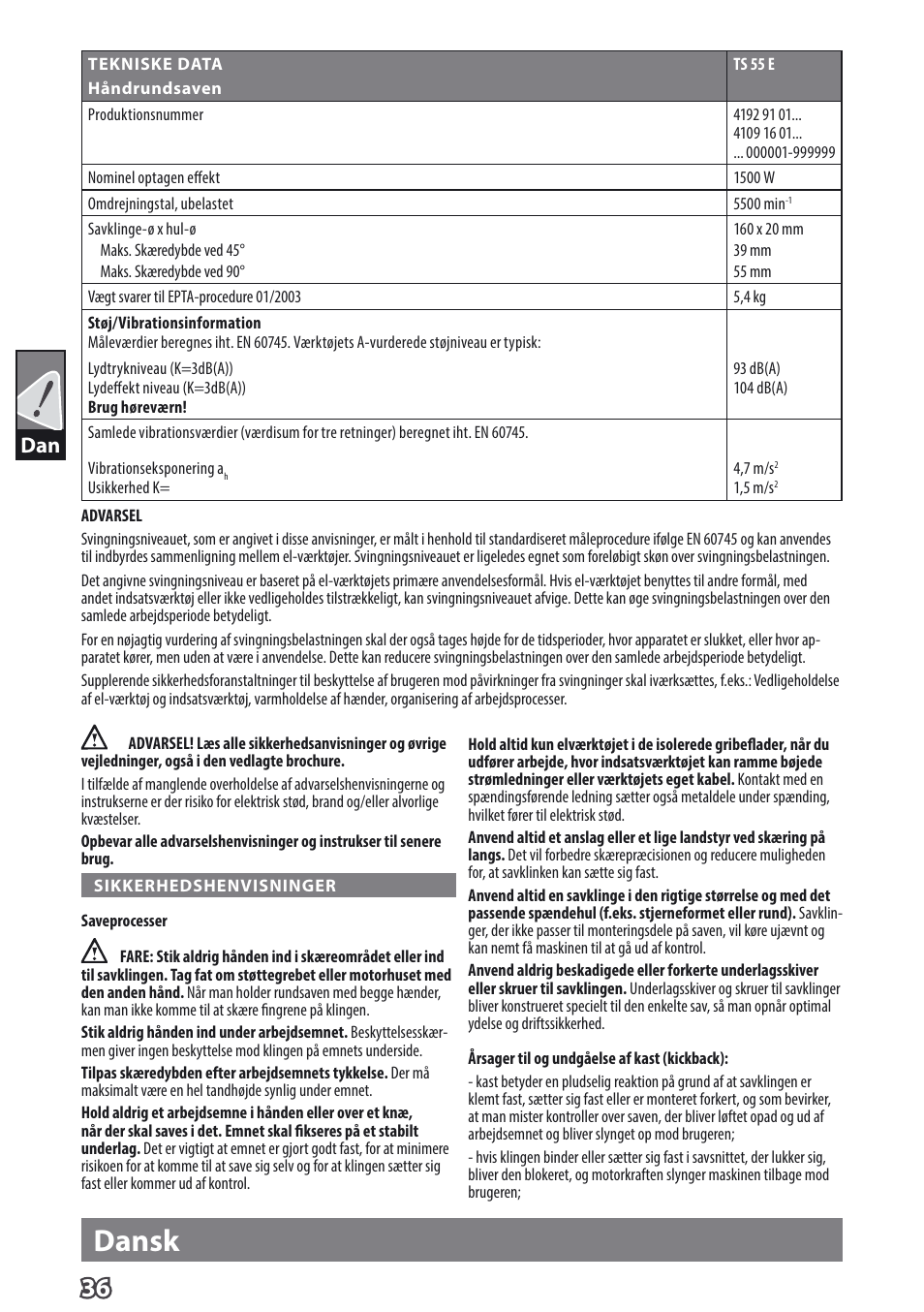 Dansk | AEG TS 55 E User Manual | Page 39 / 99